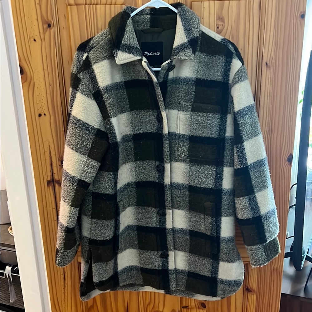 Black, olive green, and White Plaid Women's Coat